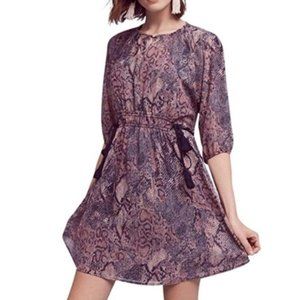 Anthropologie Floreat Zharah Purple Snake Print 3/4 Sleeve Semi-Sheer Dress